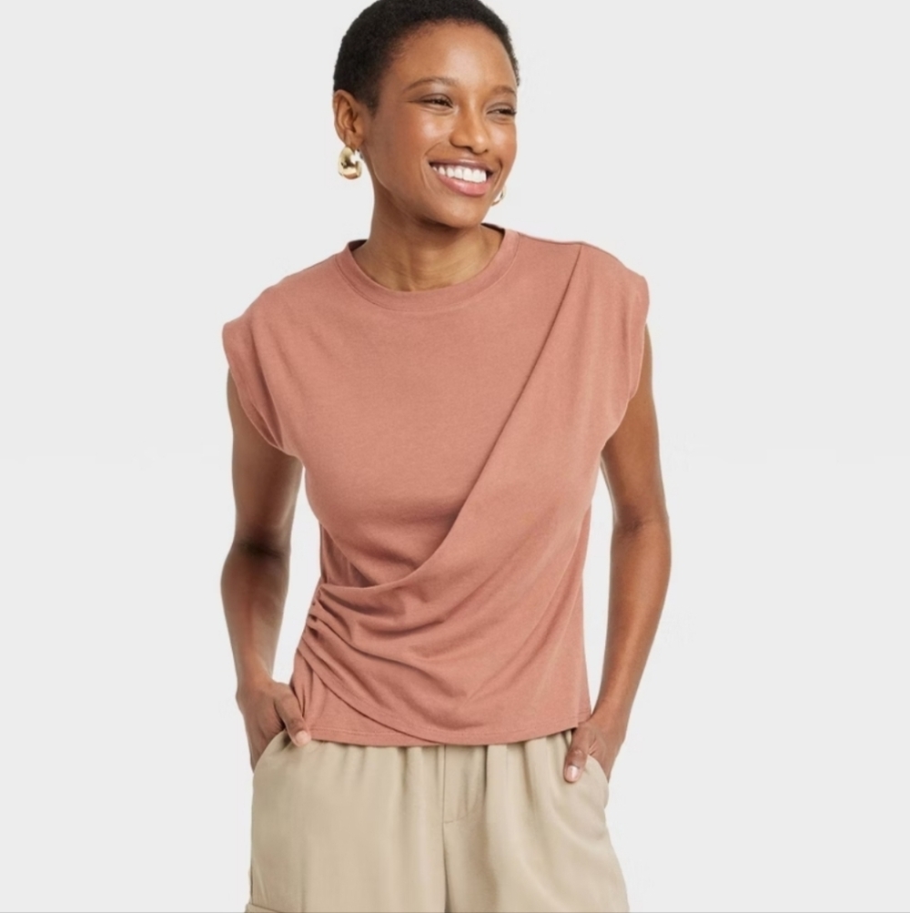 Women's Slim Fit Drape Wrap T-Shirt - A New Day Brown XS